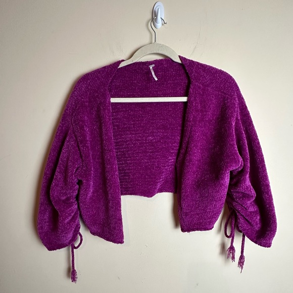Free people Open Front Sweater Cardigan Hot Pink Cinched Tie Sleeves Women’s XS - Picture 2 of 14